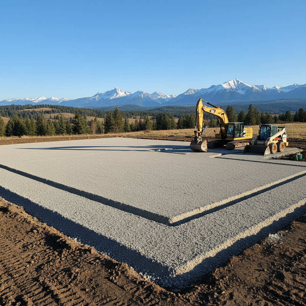A precise, photographic depiction of an excavation and site work project for a new commercial building pad in Flathead County. In the foreground, a smooth, level gravel base stretches across the frame, with clearly defined trench lines for utilities cut into the earth, edges crisp and compacted. A medium-sized excavator and compact track loader are parked neatly to one side, buckets resting flat on the ground. Surrounding the site are distant mountains and scattered evergreens under a clear blue sky. Late morning sunlight creates bright, natural illumination with gentle, realistic shadows, highlighting soil layers and gravel texture. Captured from a slightly elevated corner angle, the image shows full project scope, from raw ground to prepared pad. The overall mood is efficient, orderly, and forward-looking, reinforcing expert excavation and site development capabilities.