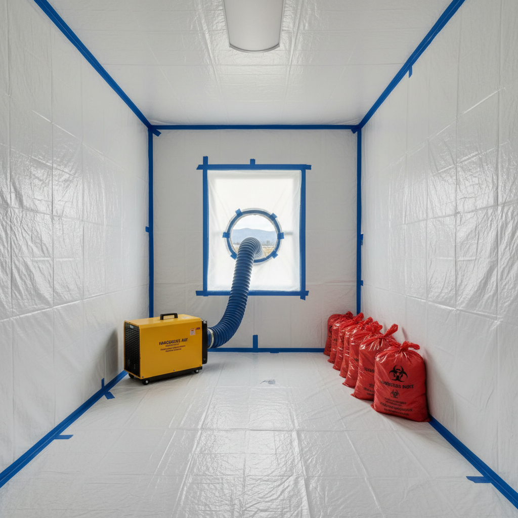 An ultra-clean, highly detailed photographic interior of a room undergoing hazardous material abatement, designed to show process without any people. The entire space is meticulously sealed with smooth, semi-translucent plastic sheeting taped along walls, ceiling, and floor. A negative air machine with visible flexible ducting vents through a sealed window opening, and labeled waste bags sit neatly arranged against one wall. Bright, neutral artificial lighting illuminates every corner, creating a clinical, controlled atmosphere with minimal shadows. Shot at eye level with sharp focus and a slight wide-angle lens, the composition emphasizes containment, order, and safety. The mood is serious and reassuring, visually communicating professional asbestos and lead paint abatement services for Montana properties without referencing any specific brands or text labels.
